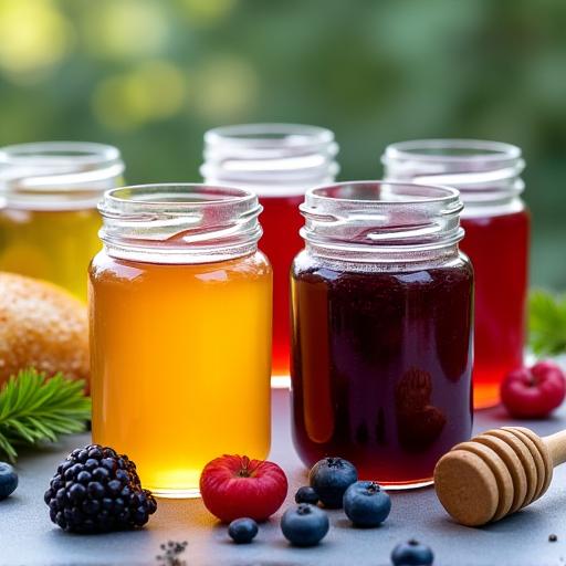 Gläser mit handgemachtem Alpenblütenhonig und Waldbeerenkonfitüre