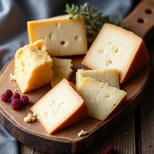 Auswahl an gereiftem Schweizer Alpenkäse auf einem Holzbrett