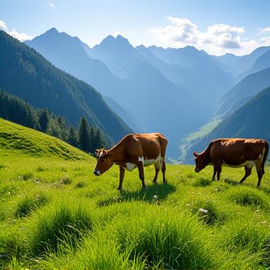 Grüne Almwiese mit Kühen in den Schweizer Alpen